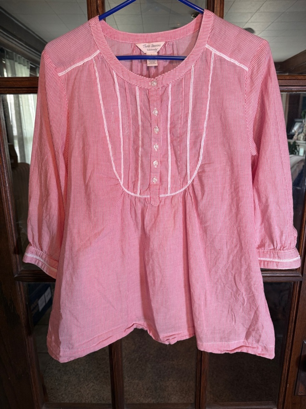Three Seasons Maternity Red White Seersucker Stripe Eyelet Lace Bib Top Large